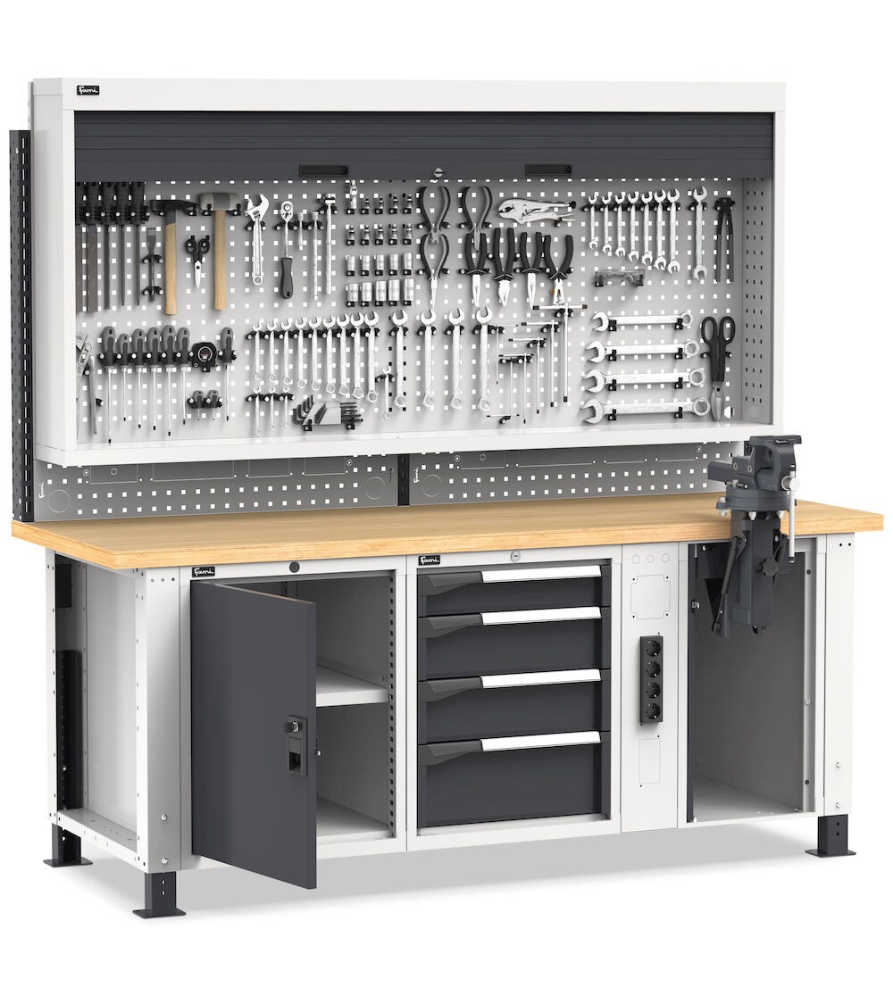 Professionelle Werkbank mit 4 Schubladen, Tür, Schraubstock und Zubehören, 200 cm, Grau und Anthrazit