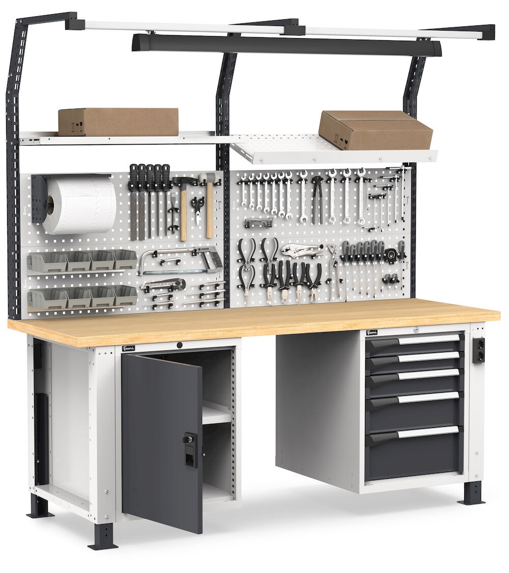 Professionelle Werkbank mit 5 Schubladen, Wand, verstellbarem Fachboden, Tür und Zubehören, 200 cm, Grau und Anthrazit