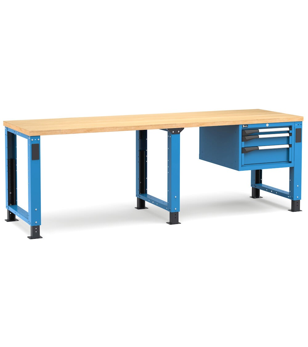 Regulierbare professionelle Werkbank mit 3 Schubladen, 250 cm, Blau und Anthrazit