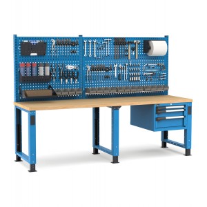 Regulierbare professionelle Werkbank mit Wand und 3 Schubladen, 250 cm, Blau und Anthrazit