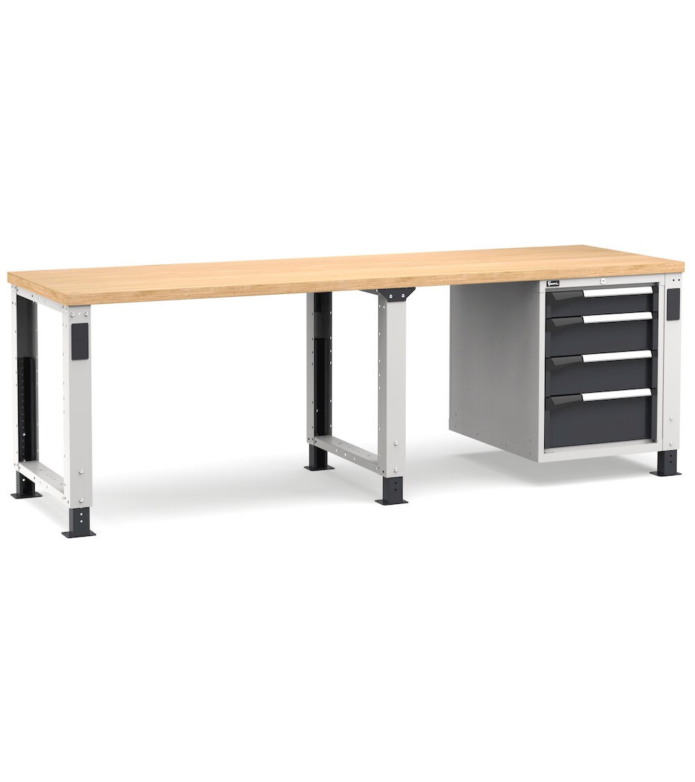 Regulierbare professionelle Werkbank mit 4 Schubladen 1x100 2x150 1x200, 250 cm, Grau und Anthrazit