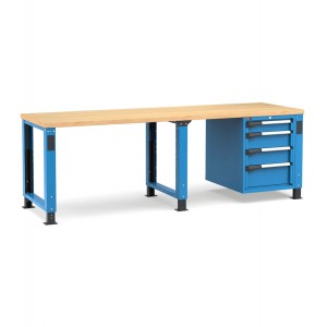 Regulierbare professionelle Werkbank mit 4 Schubladen 1x100 2x150 1x200, 250 cm, Blau und Anthrazit