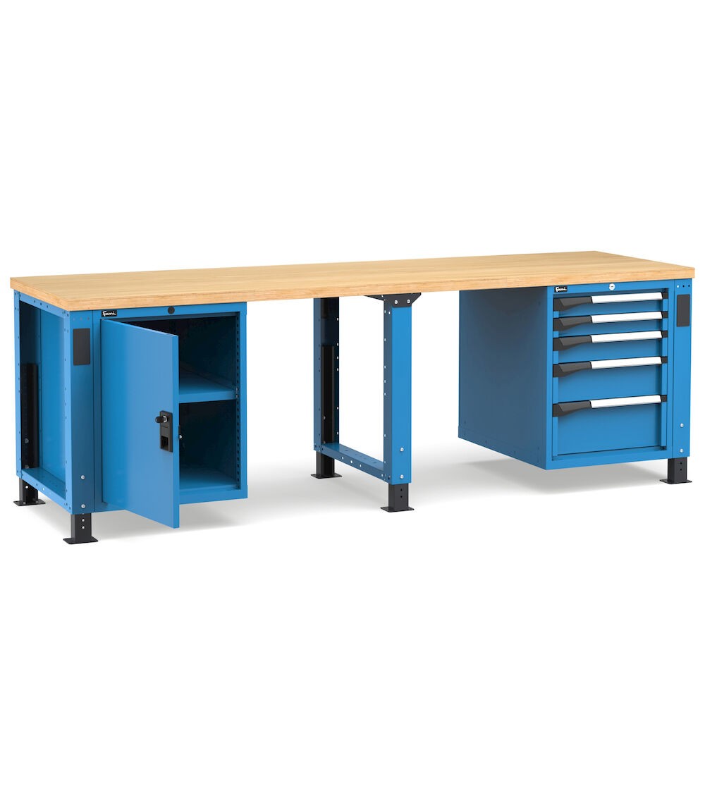 Regulierbare professionelle Werkbank mit 5 Schubladen, Tür und verstellbarem Boden, 250 cm, Blau und Anthrazit