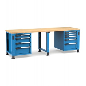 Regulierbare professionelle Werkbank mit 9 Schubladen, 250 cm, Blau und Anthrazit