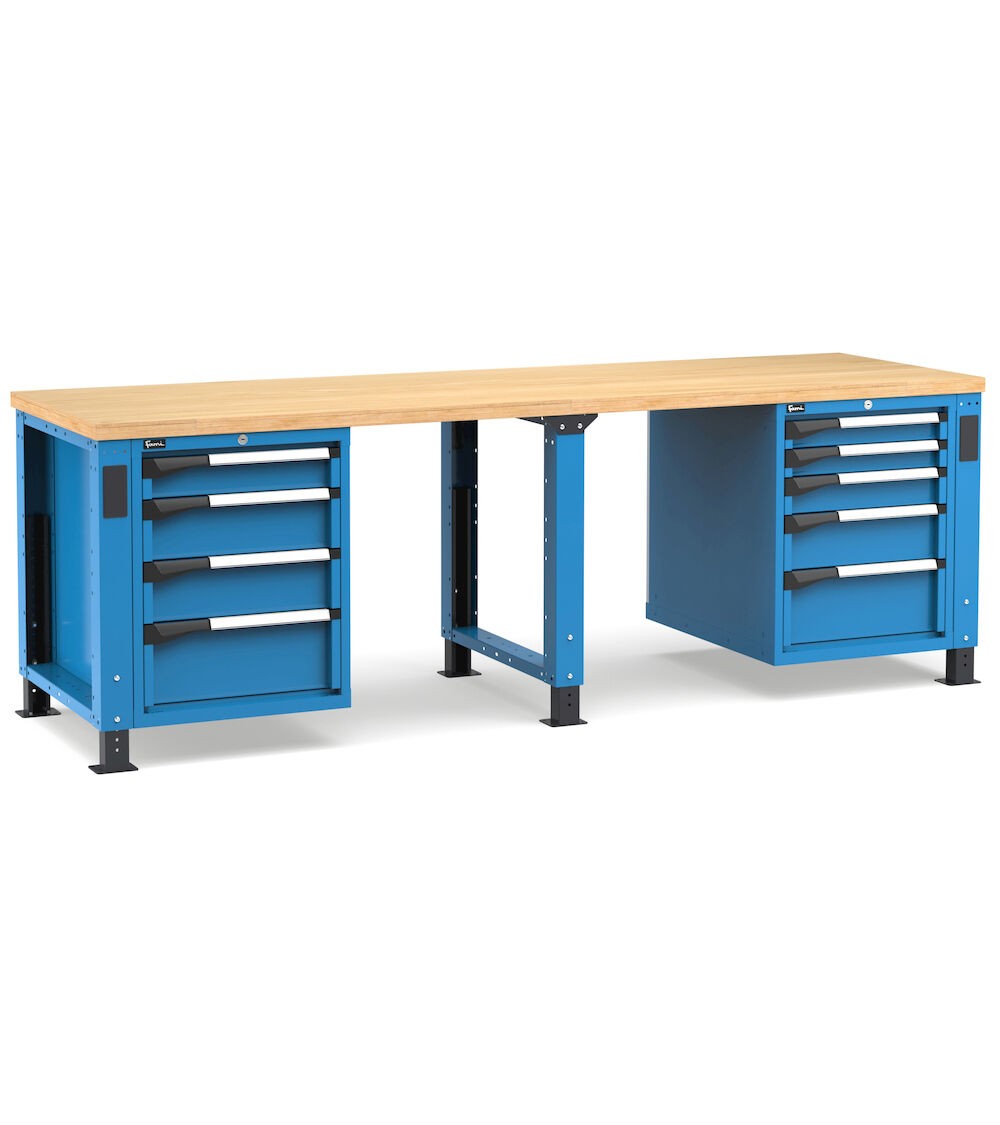 Regulierbare professionelle Werkbank mit 9 Schubladen, 250 cm, Blau und Anthrazit