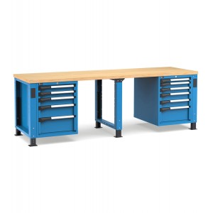 Regulierbare professionelle Werkbank mit 11 Schubladen, 250 cm, Blau und Anthrazit