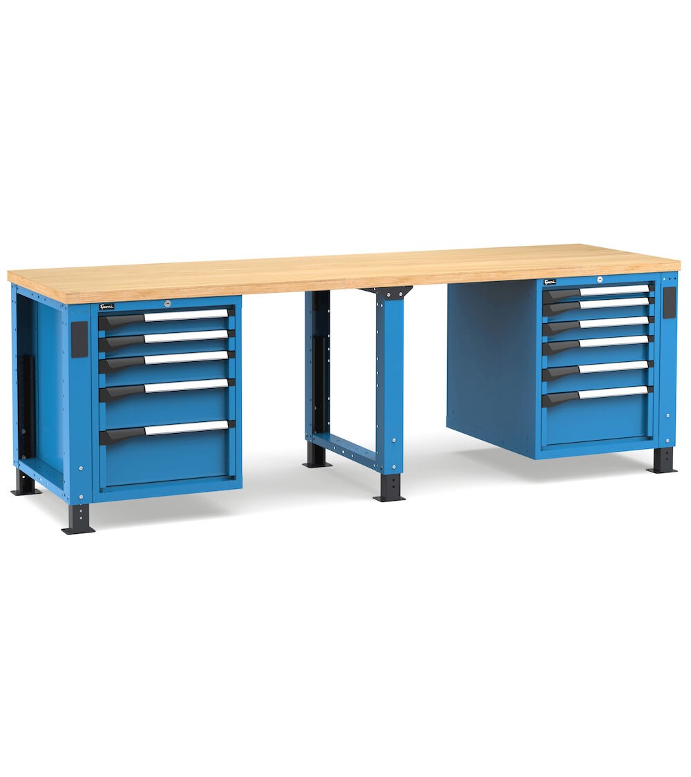 Regulierbare professionelle Werkbank mit 11 Schubladen, 250 cm, Blau und Anthrazit