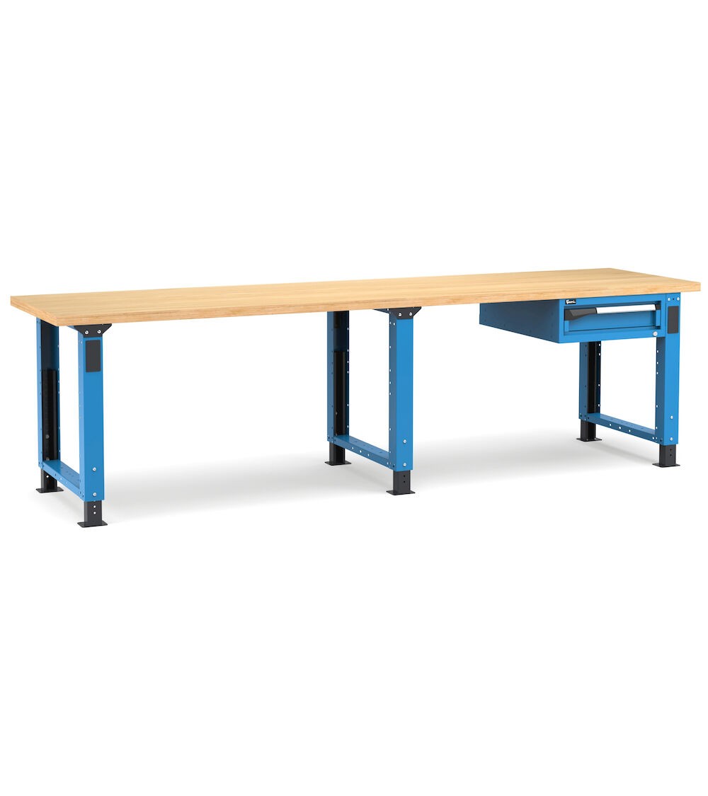 Regulierbare professionelle Werkbank mit 1 Schublade, 300 cm, Blau und Anthrazit