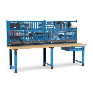 Regulierbare professionelle Werkbank mit Wand und Schublade, 300 cm, Blau und Anthrazit