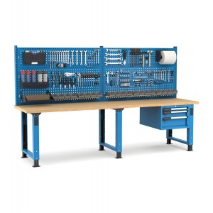 Regulierbare professionelle Werkbank mit Wand und 3 Schubladen, 300 cm, Blau und Anthrazit