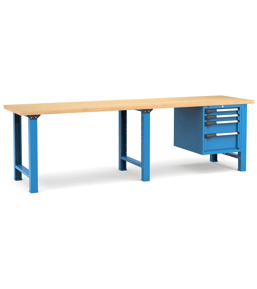 Professionelle Werkbank mit 4 Schubladen 2x75 1x150 1x200, 300 cm, Blau und Anthrazit