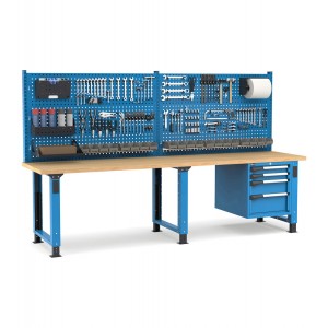 Regulierbare professionelle Werkbank mit Wand und 4 Schubladen 2x75 1x150 1x200, 300 cm, Blau und Anthrazit