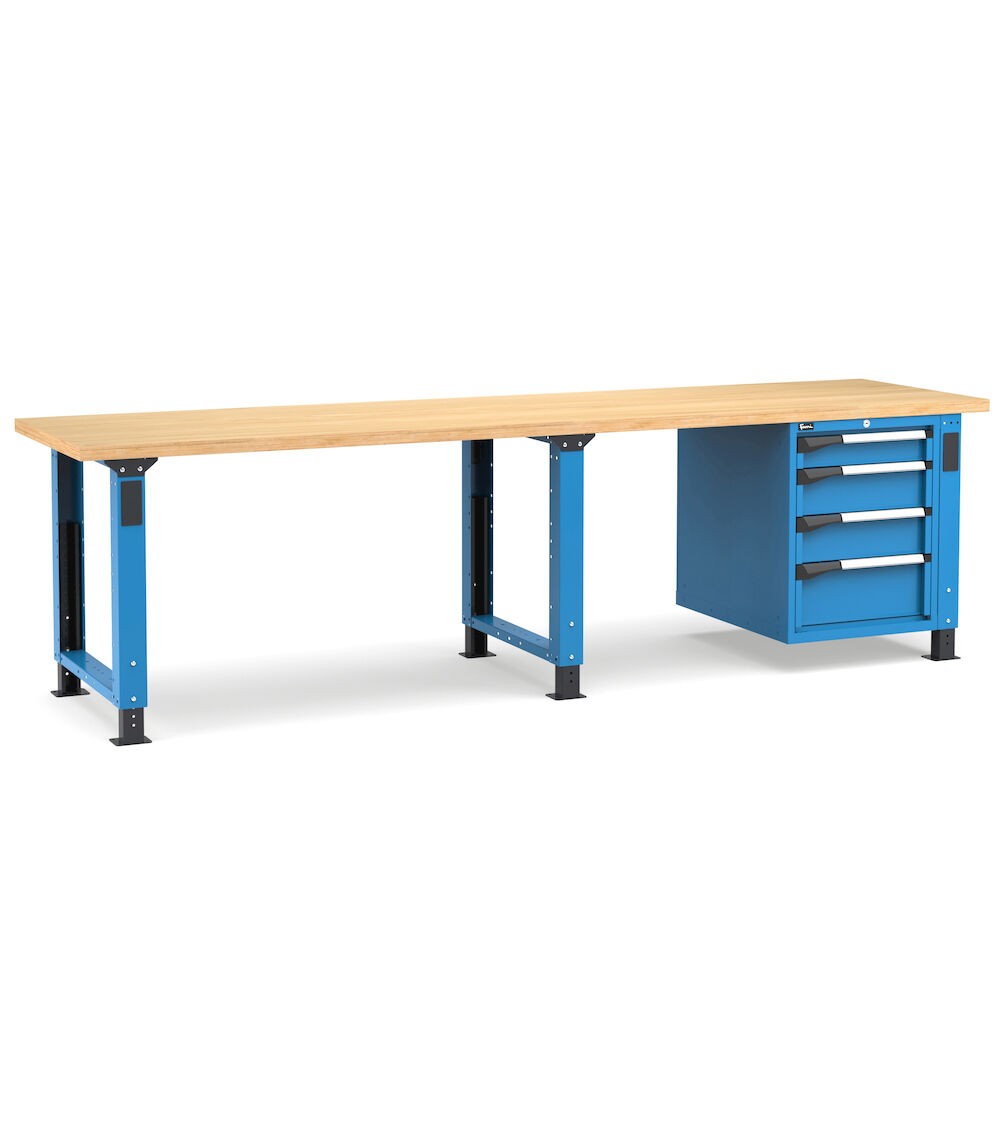 Regulierbare professionelle Werkbank mit 4 Schubladen 1x100 2x150 1x200, 300 cm, Blau und Anthrazit