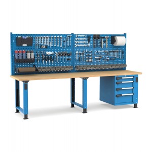 Regulierbare professionelle Werkbank mit Wand und 4 Schubladen 1x100 2x150 1x200, 300 cm, Blau und Anthrazit