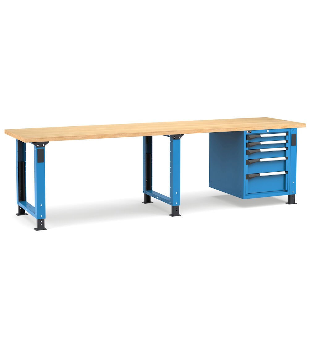 Regulierbare professionelle Werkbank mit 5 Schubladen, 300 cm, Blau und Anthrazit