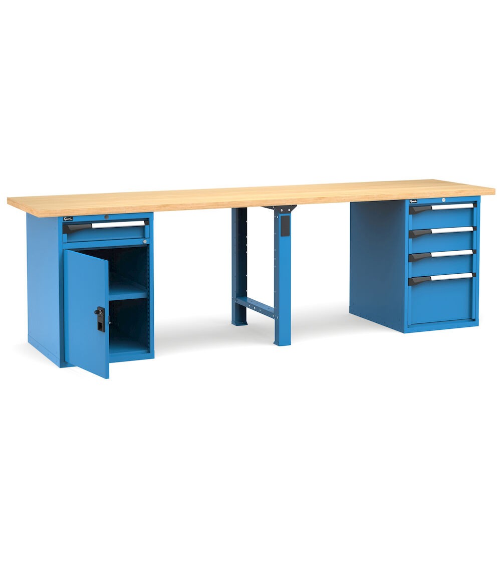 Professionelle Werkbank mit Tür, verstellbarem Fachboden und 5 Schubladen, 300 cm, Blau und Anthrazit