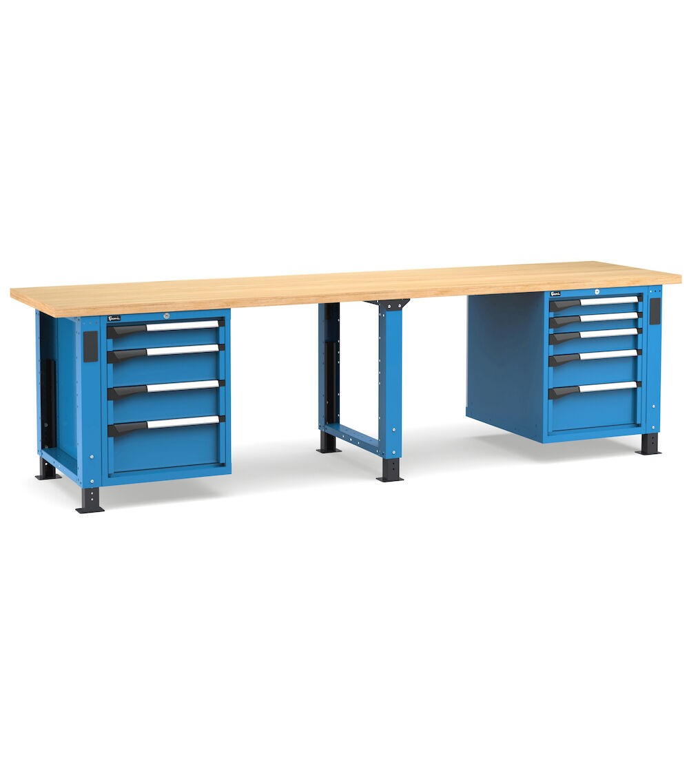 Regulierbare professionelle Werkbank mit 9 Schubladen, 300 cm, Blau und Anthrazit