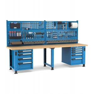 Regulierbare professionelle Werkbank mit Wand und 9 Schubladen, 300 cm, Blau und Anthrazit