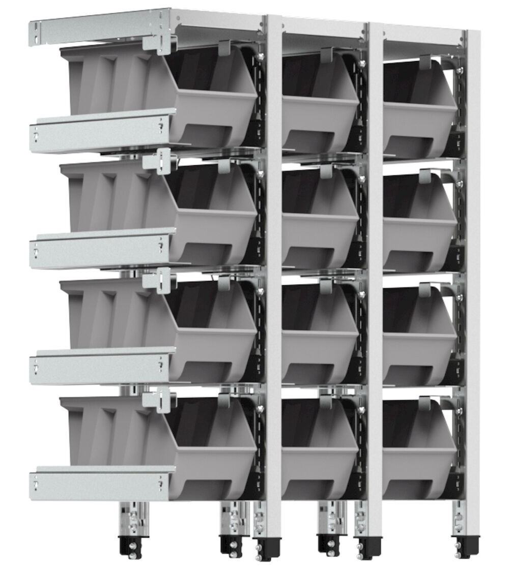 Scaffale aggiuntivo superiore e laterale con 12 contenitori a bocca di lupo mis. 3 e guide, L838 x P421 x H1048 mm