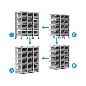 Scaffale aggiuntivo superiore e laterale con 12 contenitori a bocca di lupo mis. 3 e guide, L838 x P421 x H1048 mm