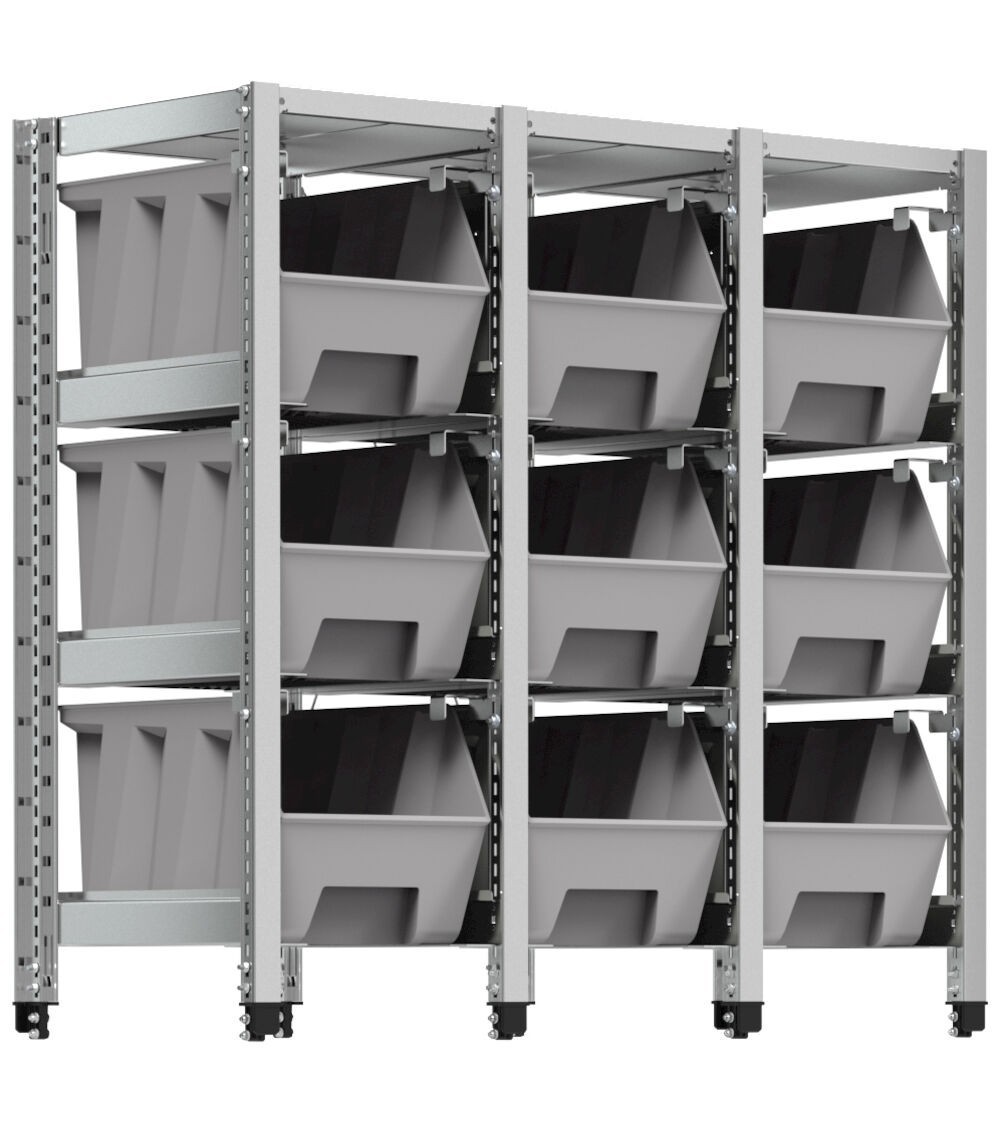 Scaffale aggiuntivo superiore con 9 contenitori a bocca di lupo mis. 4A5 e slitte, L1166 x P521 x H1148 mm