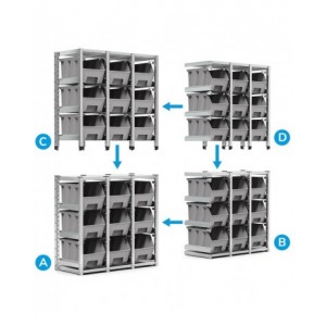 Scaffale aggiuntivo superiore con 9 contenitori a bocca di lupo mis. 4A5 e slitte, L1166 x P521 x H1148 mm