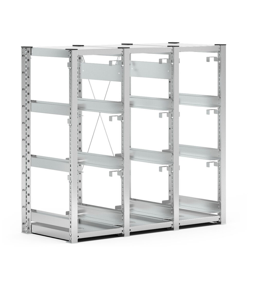 Scaffale con slitte per 9 contenitori a bocca di lupo mis.4A5, L1209 x P521 x H1109 mm