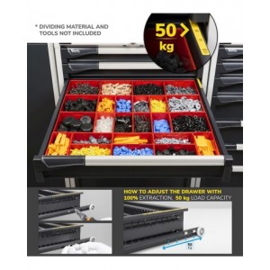 Cassettiera porta attrezzi con ruote, 7 cassetti 2x75 4x100 1x150, L561 x P726 x H1022 mm