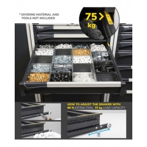 Cassettiera porta attrezzi con ruote, 7 cassetti 2x75 4x100 1x150, L561 x P726 x H1022 mm
