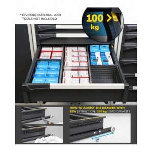 Cassettiera porta attrezzi con ruote, 7 cassetti 2x75 4x100 1x150, L561 x P726 x H1022 mm