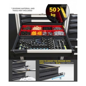 Cassettiera porta attrezzi con ruote, 7 cassetti 1x50 2x75 2x100 2x150, L561 x P726 x H1022 mm