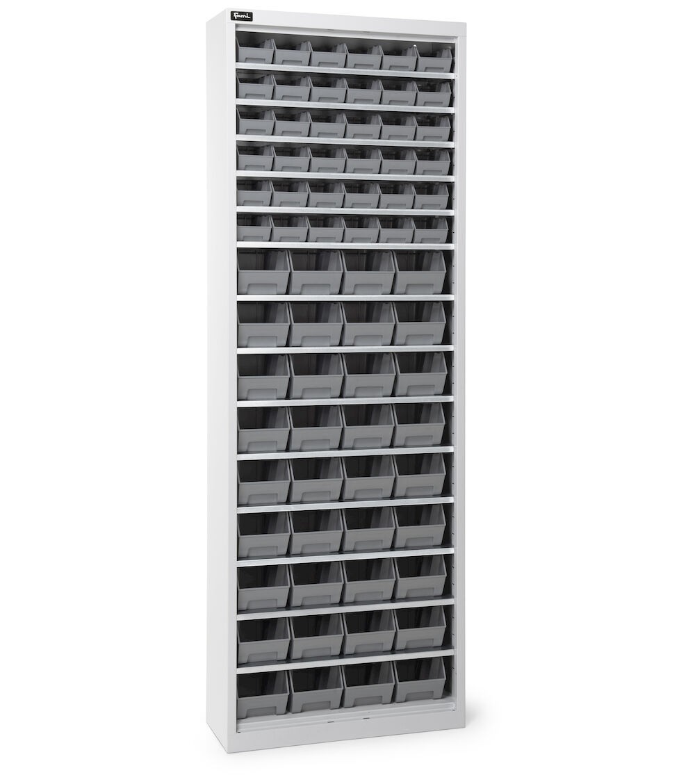 Armadio portacontenitori senza porte a battente, 14 piani e 72 contenitori Picking Box Air mis. 1/2, H 1651 mm, grigio chiaro