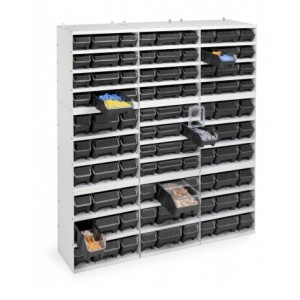 Scaffale a 4 ripiani grigio chiaro con 9 contenitori RK Box Air antracite con coperchi e frontalini , L496 x P304 x H546 mm
