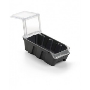 Scaffale a 5 ripiani grigio scuro con 12 contenitori RK Box Air blu cielo con coperchi e frontalini, L496 x P304 x H546 mm