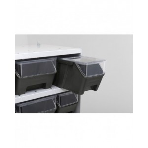 Scaffale a 5 ripiani grigio scuro con 12 contenitori RK Box Air blu cielo con coperchi e frontalini, L496 x P304 x H546 mm