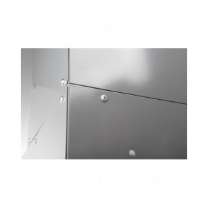 Scaffale a 5 ripiani grigio scuro con 12 contenitori RK Box Air blu cielo con coperchi e frontalini, L496 x P304 x H546 mm