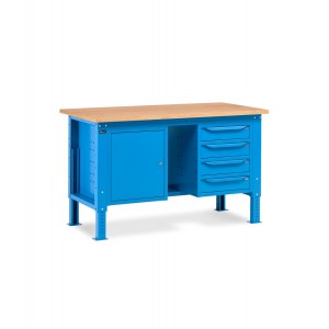 Höhenverstellbare Werkbank WORK1506 mit Schrank mit 4 Schubladen, zentralem Fach und Schrank mit Tür, L 150 cm, blau