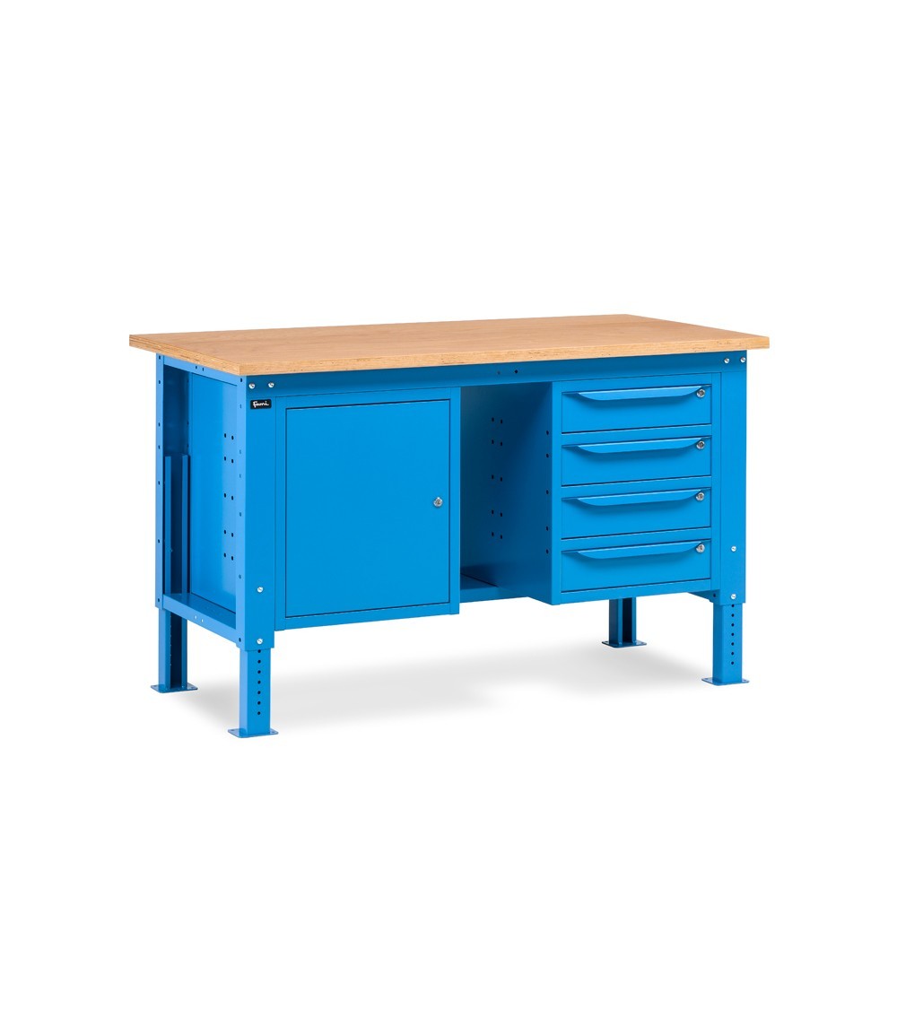 Höhenverstellbare Werkbank WORK1506 mit Schrank mit 4 Schubladen, zentralem Fach und Schrank mit Tür, L 150 cm, blau