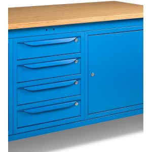 Banco da lavoro Work Up WORK2010 con 1 armadio con 4 cassetti e 2 armadi con porta, colore blu RAL 5012