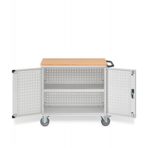 Carrello Clever Large con piano in legno, piano aggiuntivo, pannelli forati e porte   CLEVER1017,  colore grigio