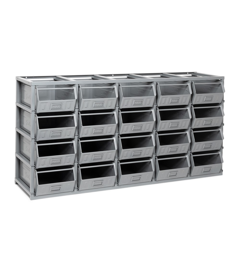 Scaffale serie Domino con 20 contenitori in metallo misura 4