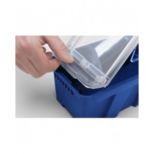 Scaffale a 5 ripiani grigio scuro con 12 contenitori RK Box Air blu cielo con coperchi e frontalini, L496 x P304 x H546 mm