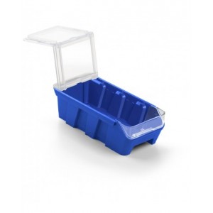 Scaffale a 5 ripiani grigio scuro con 12 contenitori RK Box Air blu cielo con coperchi e frontalini, L496 x P304 x H546 mm