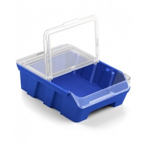 Scaffale a 5 ripiani grigio scuro con 12 contenitori RK Box Air blu cielo con coperchi e frontalini, L496 x P304 x H546 mm