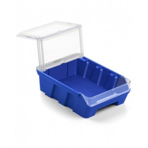 Scaffale a 5 ripiani grigio scuro con 12 contenitori RK Box Air blu cielo con coperchi e frontalini, L496 x P304 x H546 mm