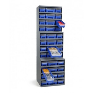 Scaffale a 5 ripiani grigio scuro con 12 contenitori RK Box Air blu cielo con coperchi e frontalini, L496 x P304 x H546 mm