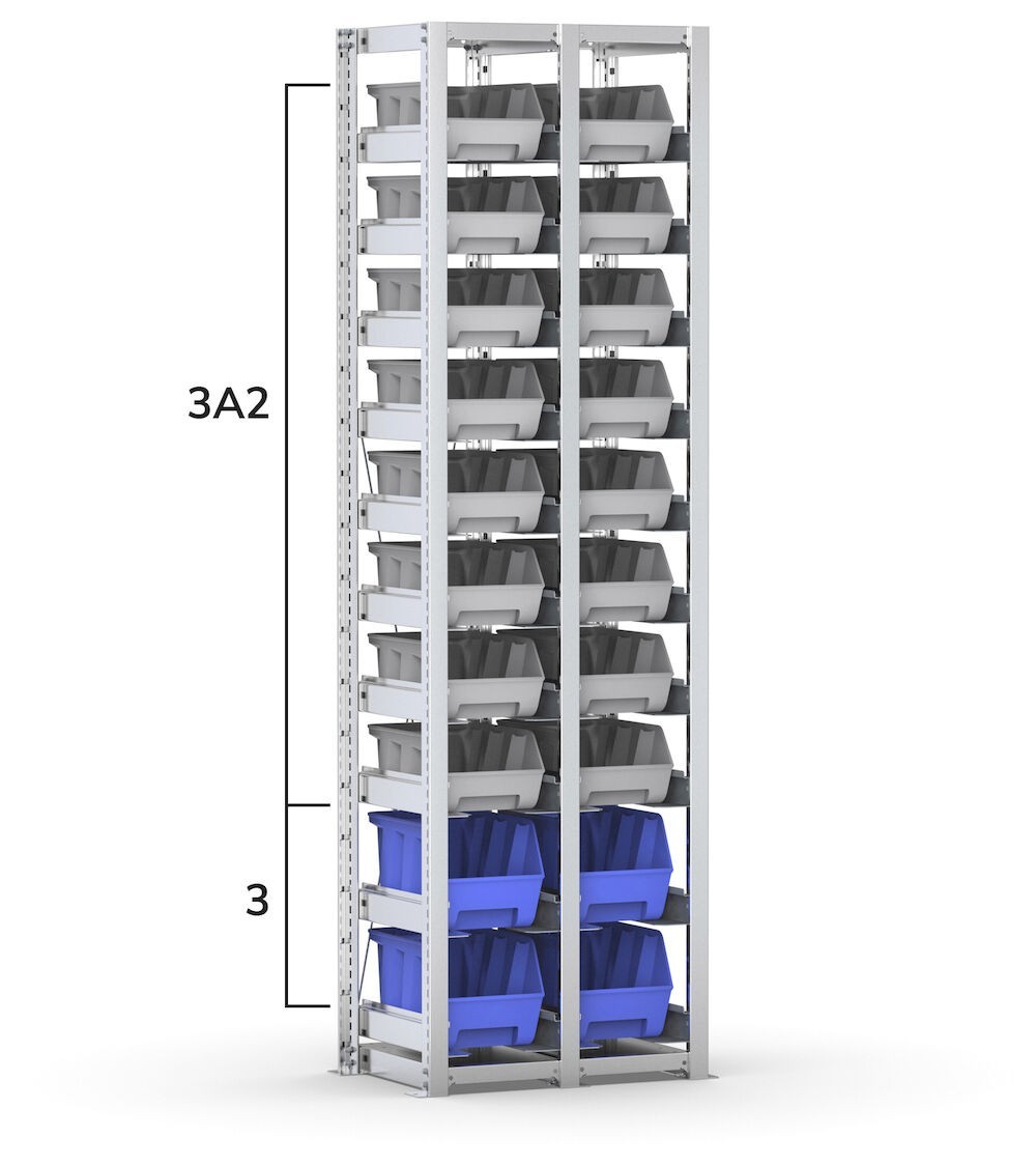 Scaffale con 20 contenitori Picking Box Air mis. 3/3A2, L634 x P421 x H2003 mm