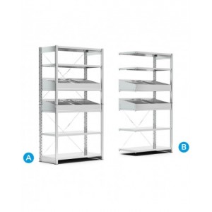 Scaffalatura per minuterie a 6 ripiani con divisori, L1057 x P321 x H2011 mm