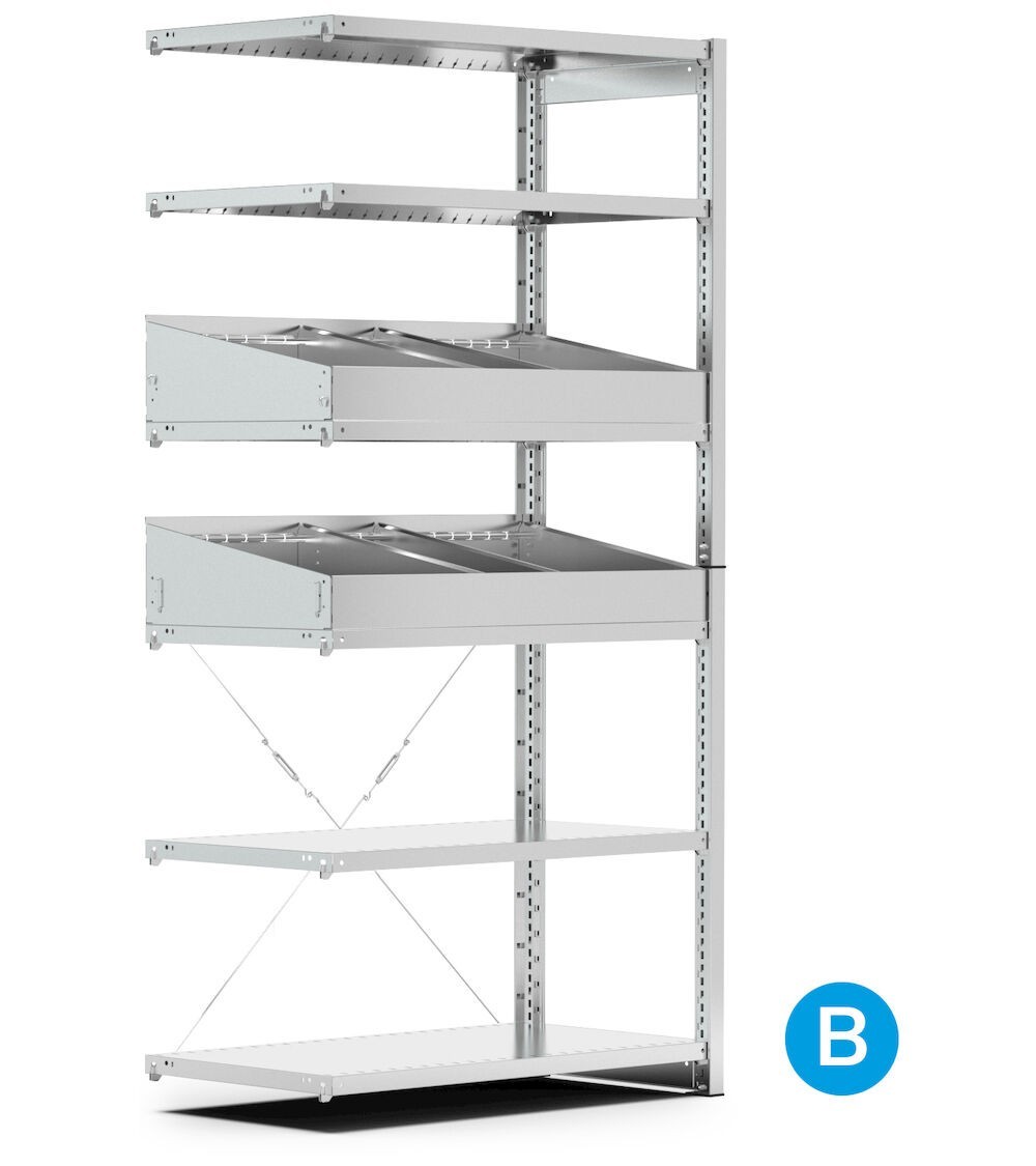 Scaffalatura aggiuntiva a 6 ripiani con divisori, L1028 x P321 x H2011 mm