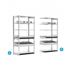 Scaffale a 6 ripiani con divisori per contenitori mis.4A5, L1057 x P521 x H2011 mm